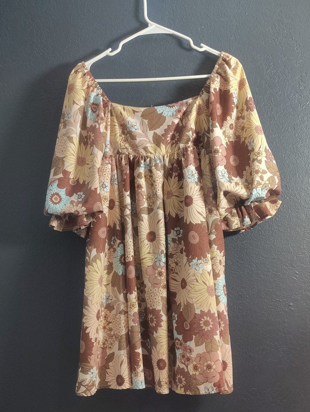 Sweet lemon Babydoll Floral Puff-Sleeve Mini Dress in Brown & Cream Size Small